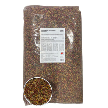 Koi Herdecke Fischfutter Mix 15 kg, schwimmende Pellets 6 mm, 4-farbige Futtermischung für Teichfische