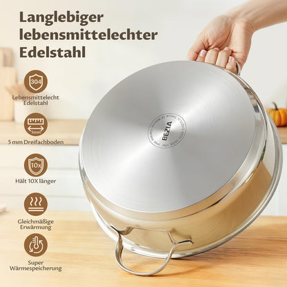 BEZIA Schmorpfanne 28 cm mit Deckel, Edelstahl 18/10 unbeschichtet