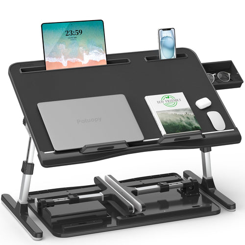 Potuopy faltbarer Laptop Betttisch Leder, schwarze, rechteckige, verstellbare Arbeitsfläche. Zum komfortablen Laptop-Arbeiten im Bett.
