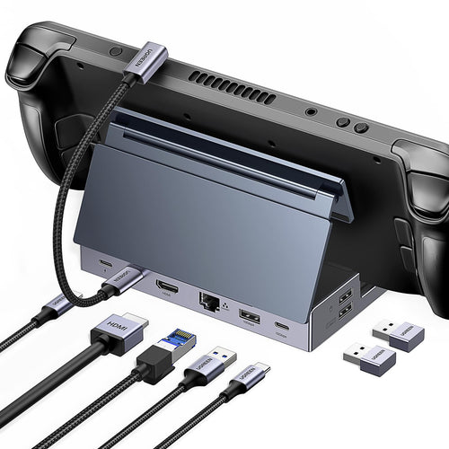 UGREEN Steam Deck Dock 9-in-1 Dockingstation. Schwarzer, rechteckiger Ständer-Hub; erweitert Steam Deck um 4K HDMI, USB-A/C, Ethernet für Display/Peripherie.