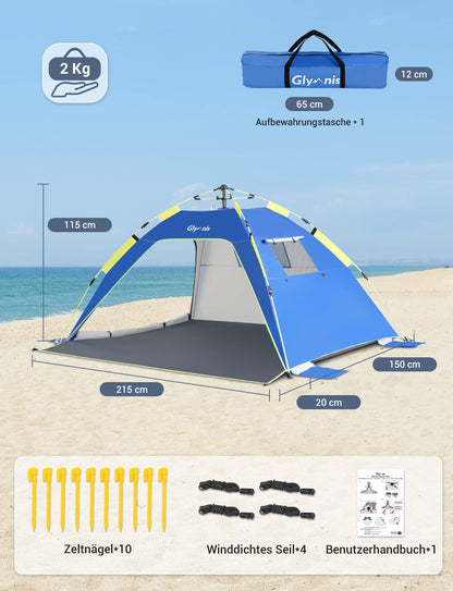 Glymnis Strandmuschel Quick Up mit UV-Schutz 50+ für 3-4 Personen