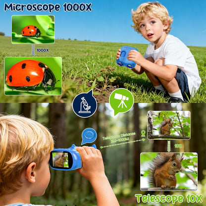 Temodu 2-in-1 Mikroskop und Fernglas für Kinder, 4K, 1000x, Blau