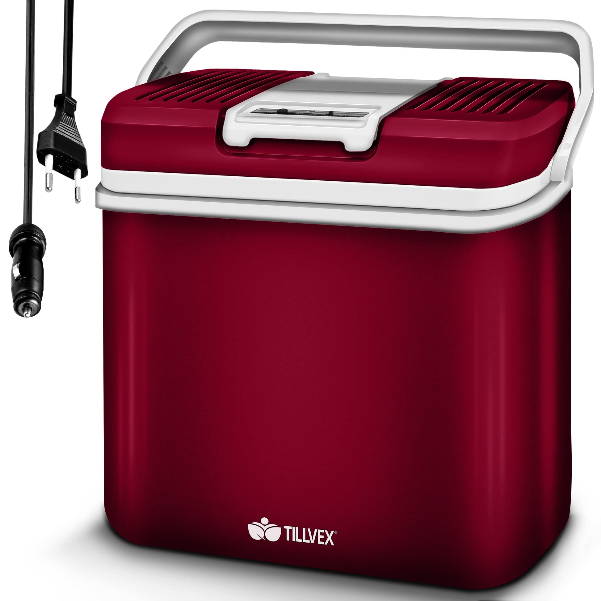 tillvex Kühlbox elektrisch 24L 12V/230V Kühlen/Wärmen - Rot. Rote, rechteckige Box kühlt/wärmt mobil Getränke/Speisen.