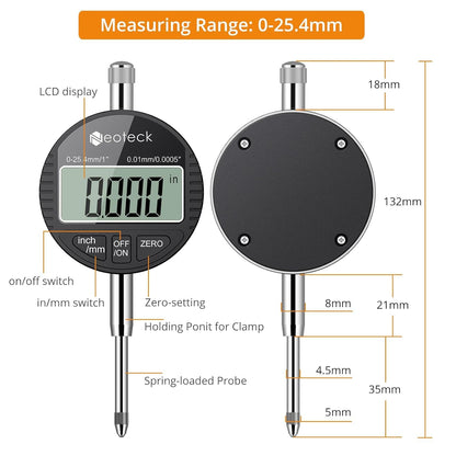 Neoteck Digitale Messuhr Set 0-25.4mm Magnetfuss Zentralklemmung