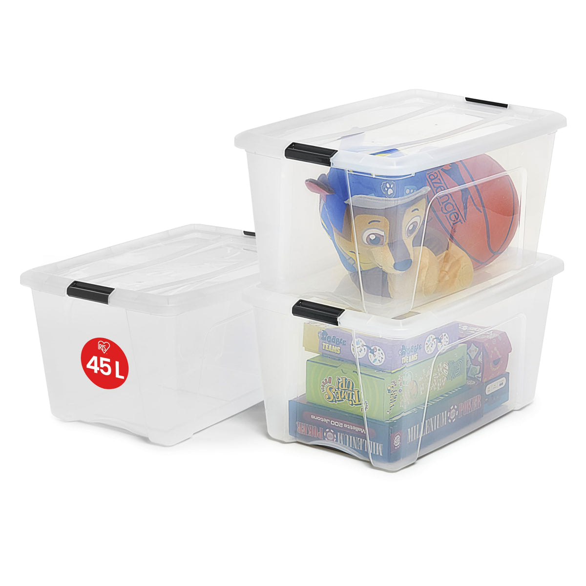 Iris Ohyama Aufbewahrungsbox mit Deckel, 45 L, 3er-Set, transparent – stapelbar, aus BPA-freiem Polypropylen