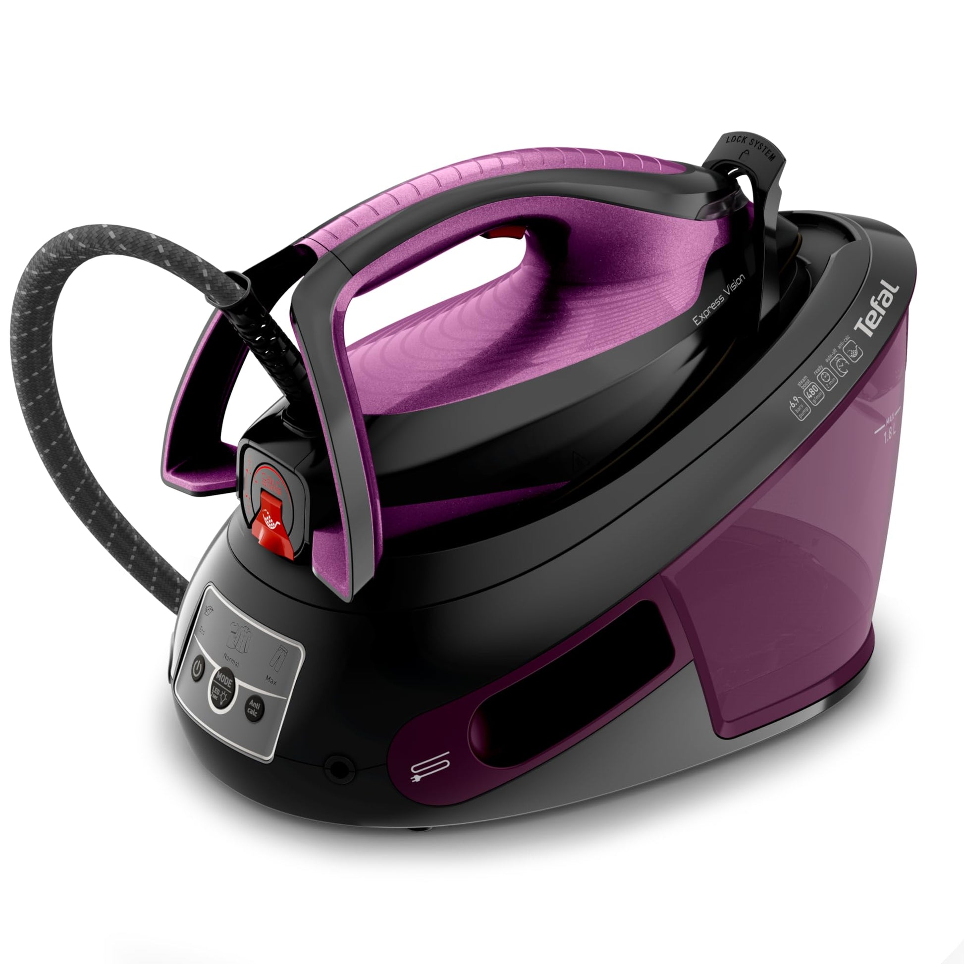 Tefal Express Vision SV8152 Dampfbügelstation – Lila/Schwarz. Lila-schwarz. Bietet leistungsstarken Dampf für effiziente Faltenentfernung auf Textilien.