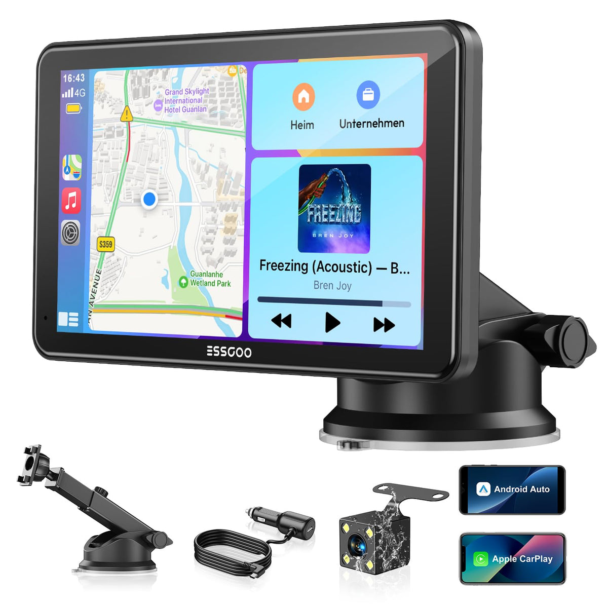 ESSGOO CarPlay Display 7 Zoll, Android Auto, Bluetooth, Rückfahrkamera mit Touchscreen und Saugnapfhalterung