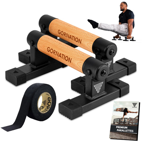 GORNATION Parallettes - Liegestützgriffe aus Holz inkl. Grip Tape mit 40 mm Holzgriff und rutschfesten Füssen