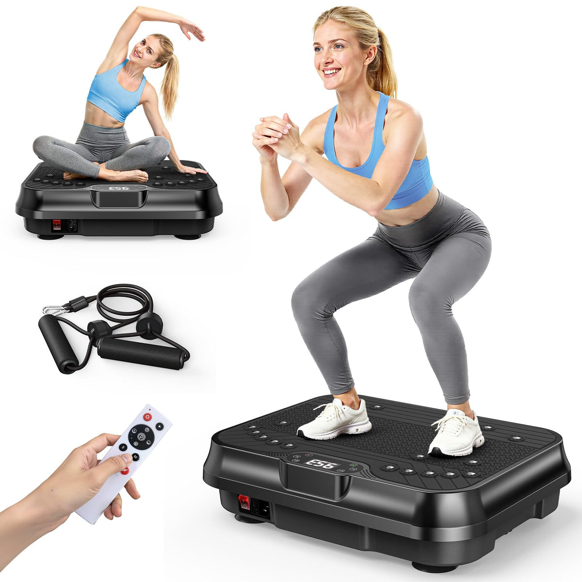 HomeFitnessCode Mini Vibrationsplatte mit 250 Stufen, Schwarz, kompakte Bauform mit elastischem Zugseil