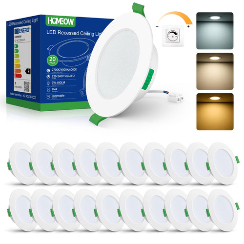 HOMEOW 20er Set LED Einbaustrahler dimmbar 7W IP44 – wählbar, rund. Zur dimmbaren Deckenbeleuchtung, auch in Feuchträumen.