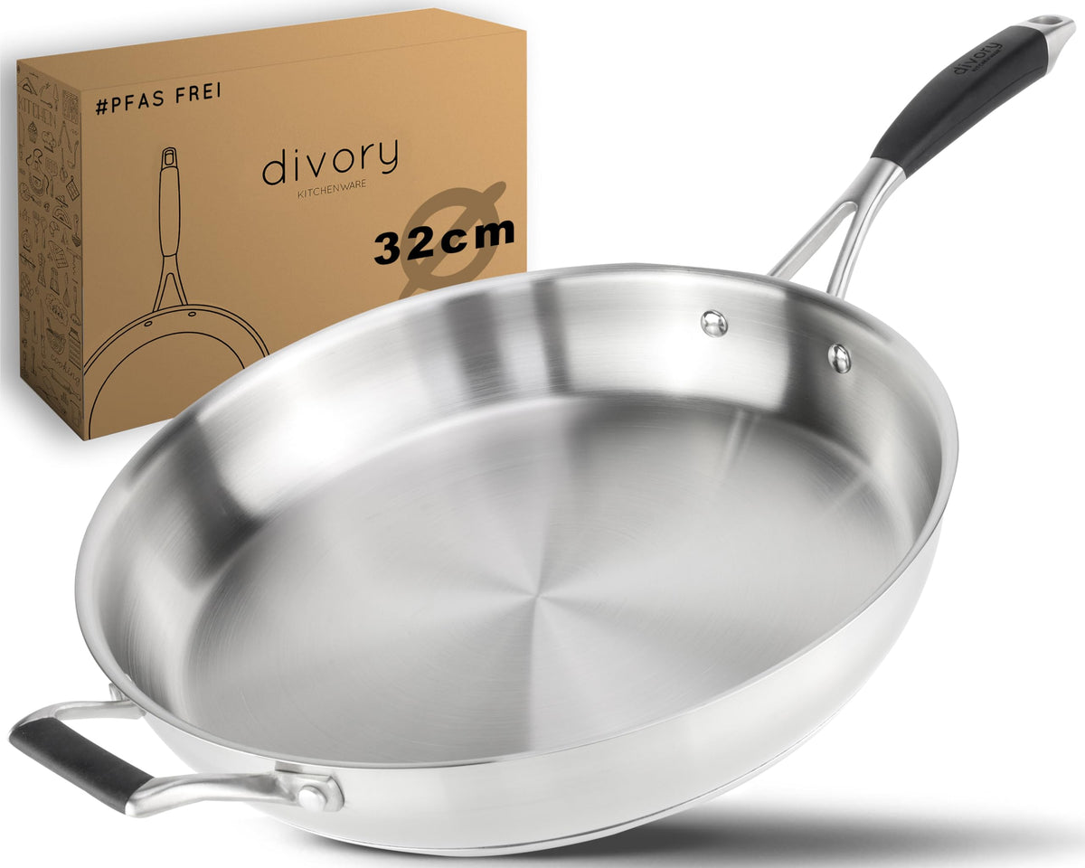 DIVORY PURA Edelstahl Bratpfanne - 32cm unbeschichtet. Runde, silberne Edelstahlpfanne zum scharfen Anbraten von Fleisch, Fisch und Gemüse.