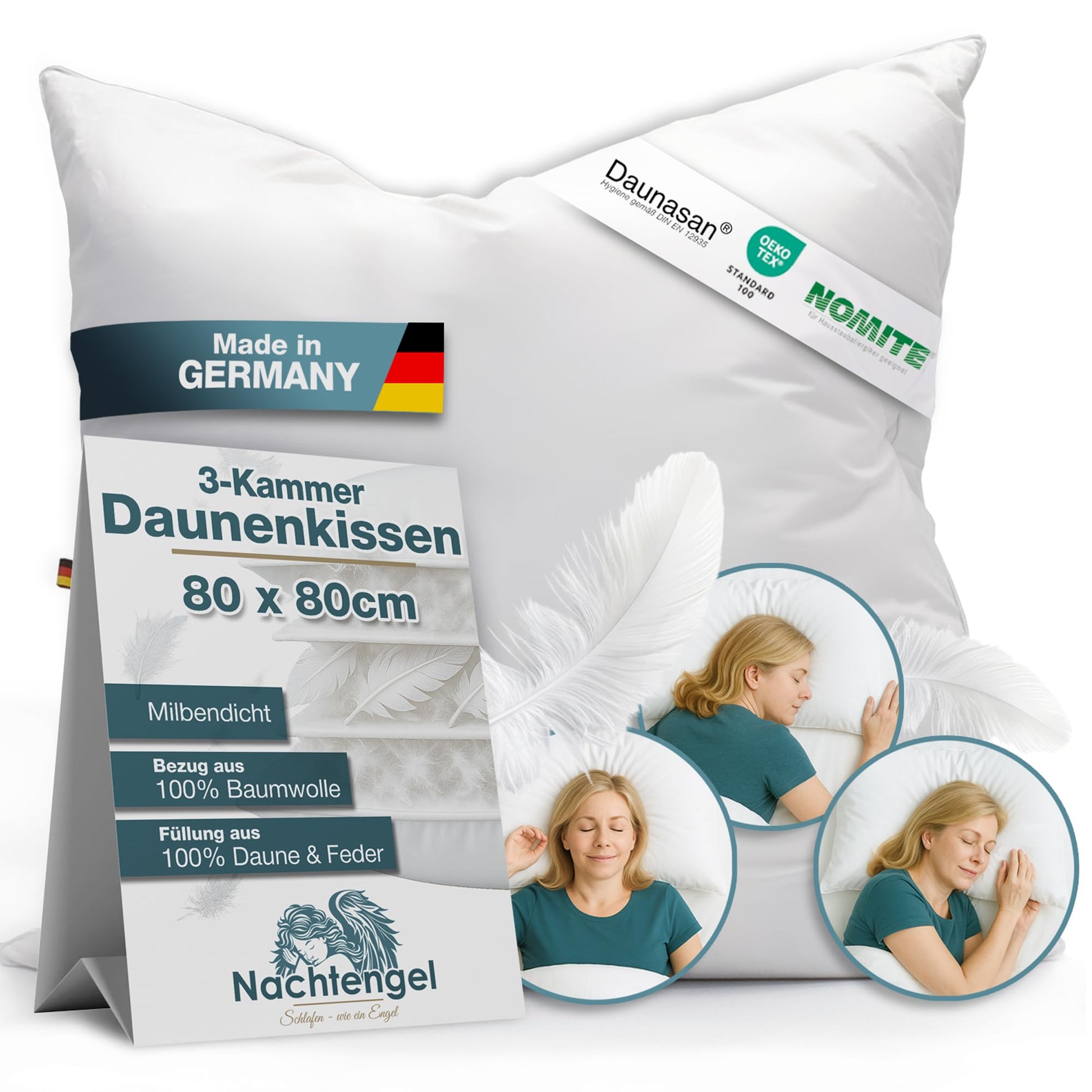 Nachtengel 3-Kammer Daunenkissen Kopfkissen - 80x80. Weißes, rechteckiges Kissen mit Daunenfüllung, stützt den Kopf für erholsamen Schlaf.