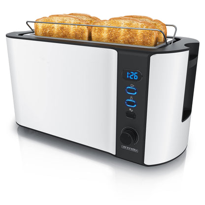 Arendo Frukost Langschlitz-Toaster 4 Scheiben Edelstahl weiss matt mit Brötchenaufsatz