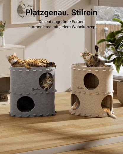DownyPaws Katzenhöhle aus Filz, 2-stöckiges Katzenhaus, Beige