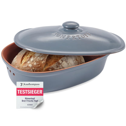 Römertopf Brottopf aus Keramik - 30x21cm blau-grau. Rechteckiger blau-grauer Keramiktopf mit Deckel, hält Brot und Gebäck lange frisch.