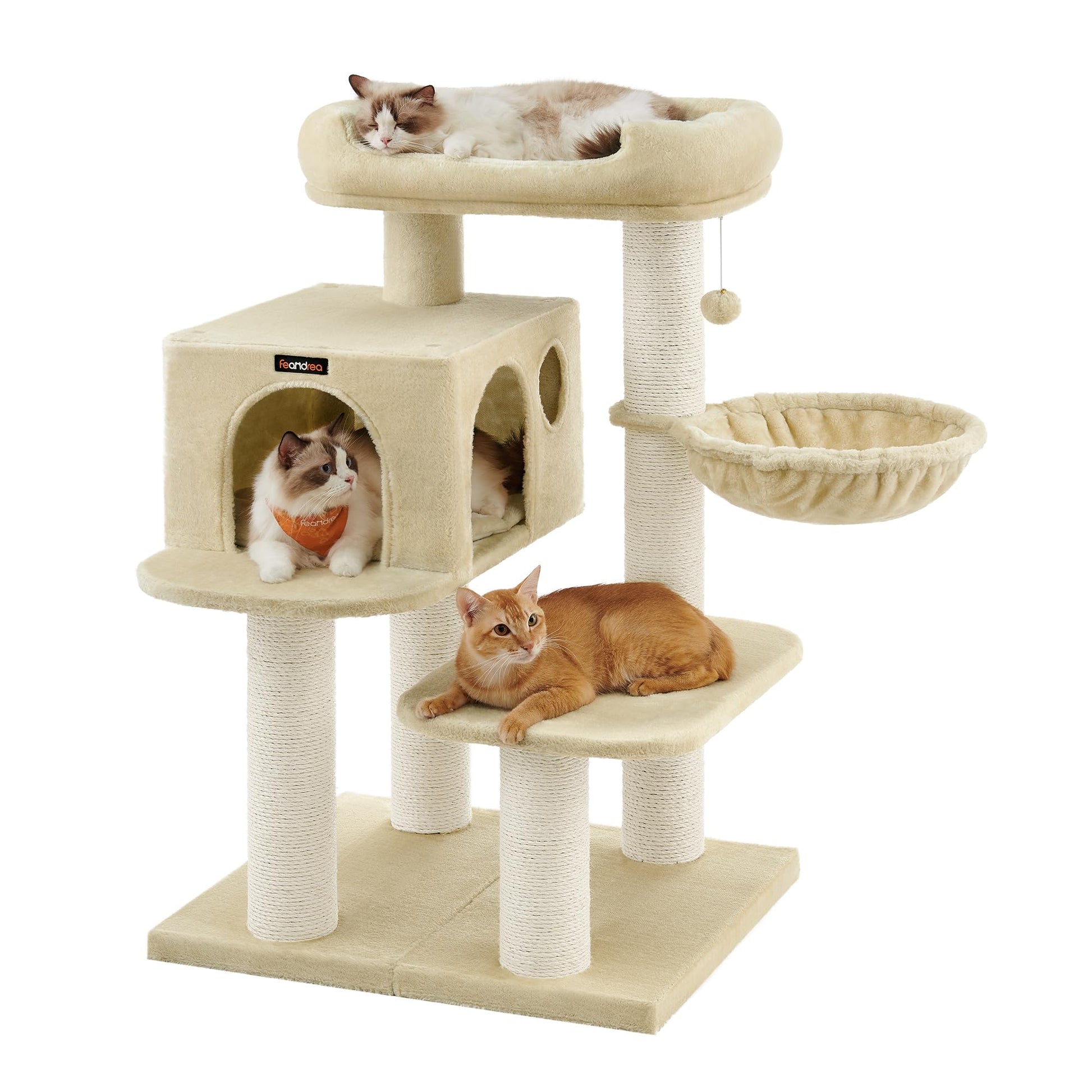 Feandrea Kratzbaum Grosse Katzen XXL - Beige PCT01M. Beiger Kratzbaum mit Sisalstämmen, Höhlen. Für grosse Katzen zum Klettern und Kratzen.