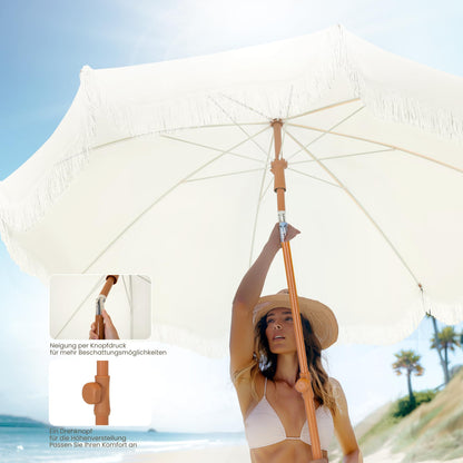PHI VILLA Sonnenschirm 200 cm knickbar mit Fransen, Milchweiss