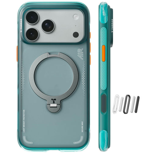 TORRAS Ostand Q3 Air Schutzhülle für iPhone 17 Pro Max - Gletscher Blau. Dünne, blaue Schutzhülle mit integriertem Ständer schützt das Gerät.