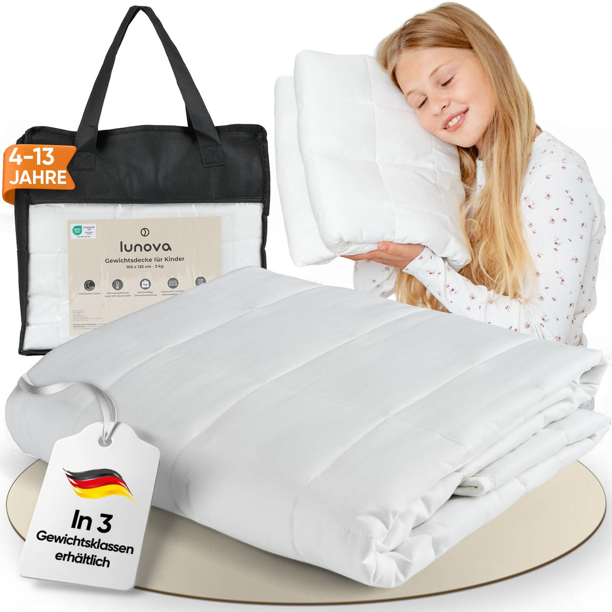 LUNOVA Gewichtsdecke Kinder 3kg. Eine 100x135cm große, rechteckige Decke zur Förderung entspannten Schlafs bei Kindern.