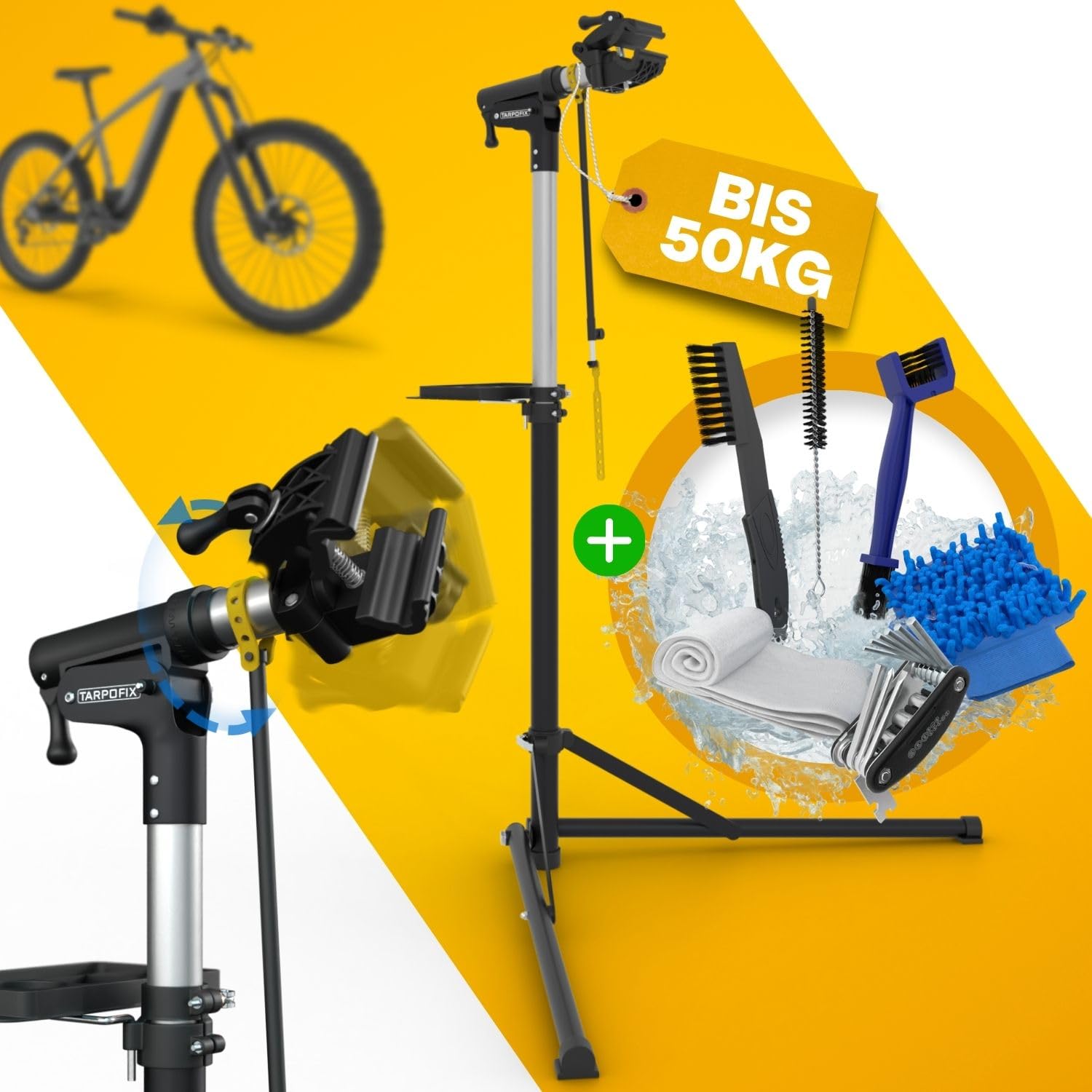 Tarpofix Profi Fahrrad Montageständer - E-Bike bis 50kg: Robuster, ausziehbarer Metallständer zum Fixieren von Fahrrädern bis 50kg für Wartung/Reparatur.