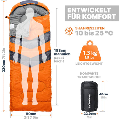 MalloMe Schlafsack für Erwachsene und Kinder, 10–25 °C, Orange