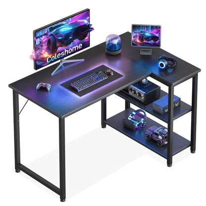 Coleshome Gaming Tisch L-förmig, Eckschreibtisch 100x70 cm, Schwarz mit Ablagefach und Stahlrahmen