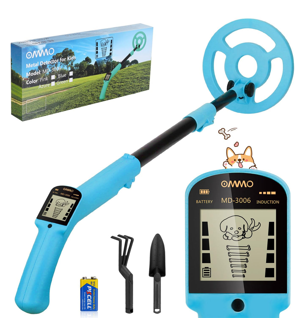 OMMO Metalldetektor für Kinder MD-3006 mit LCD-Display und Schaufel in Azurblau mit verstellbarem Stiel