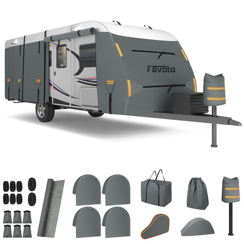 Favoto Wasserdichte Wohnwagen Schutzplane – 660x250x220cm, graue Hülle schützt Wohnwagen vor Witterungseinflüssen und UV-Strahlung.