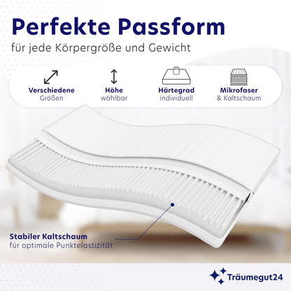 Träumegut24 AquaFlex 7-Zonen Matratze 120x200 cm | H2&H3 | Ergonomische Kaltschaummatratze | Hypoallergen & Antibakteriell | Bezug abnehmbar & waschbar | Oeko-TEX® | (16cm, 120 x 200 cm)