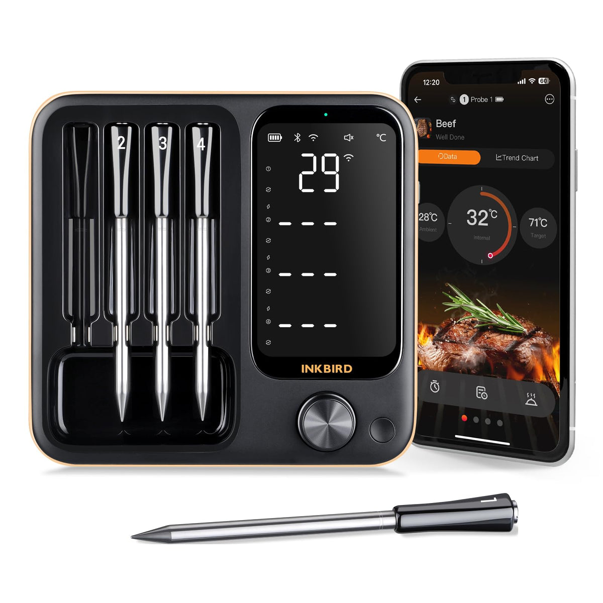 Inkbird INT-14-BW Kabelloses Fleischthermometer mit Ladebox und vier Edelstahlsonden