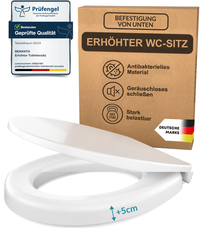 BenaVita Premium WC Sitzerhöhung 5 cm - Duroplast Absenkautomatik. Weiße Sitzerhöhung für mehr Komfort & einfaches Aufstehen/Hinsetzen.
