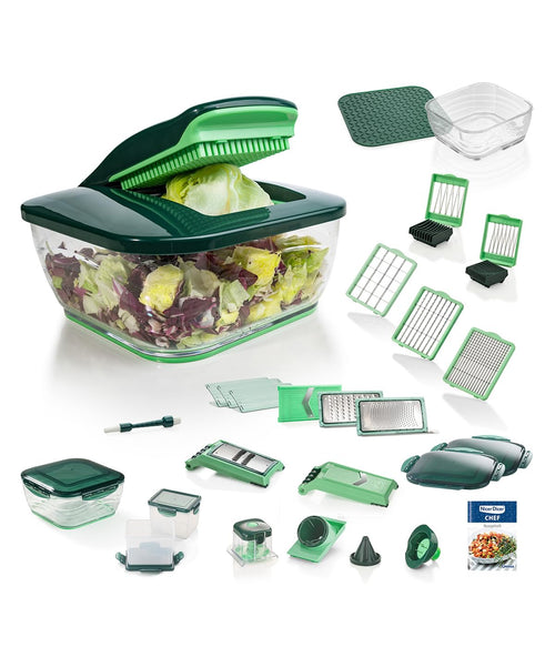 Genius Nicer Dicer Chef Multifunktions-Gemüseschneider 34-in-1. Kompakter weißer Gemüseschneider, schneidet und würfelt Obst und Gemüse.