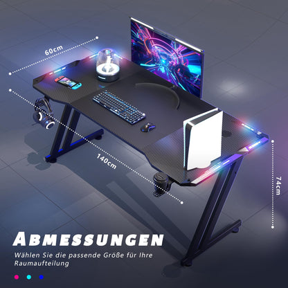 HLONONE Gaming Schreibtisch 140x60cm mit LED – Schwarz