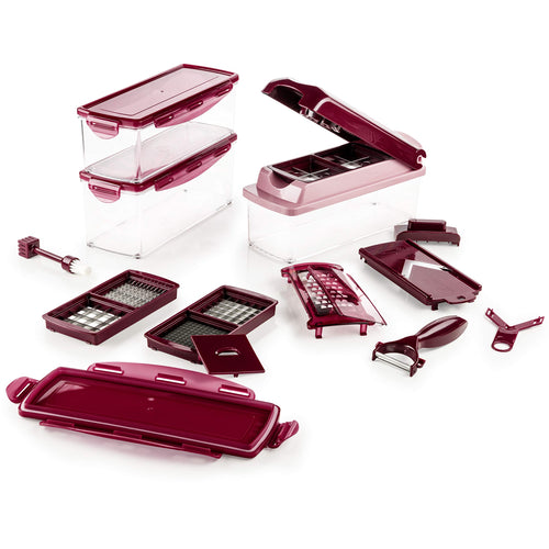 Genius Nicer Dicer Plus Gemüseschneider - 18tlg. Rubinrot. Kompakter, rubinroter Küchenhelfer zum präzisen Schneiden von Gemüse und Obst in Würfel und Scheiben.