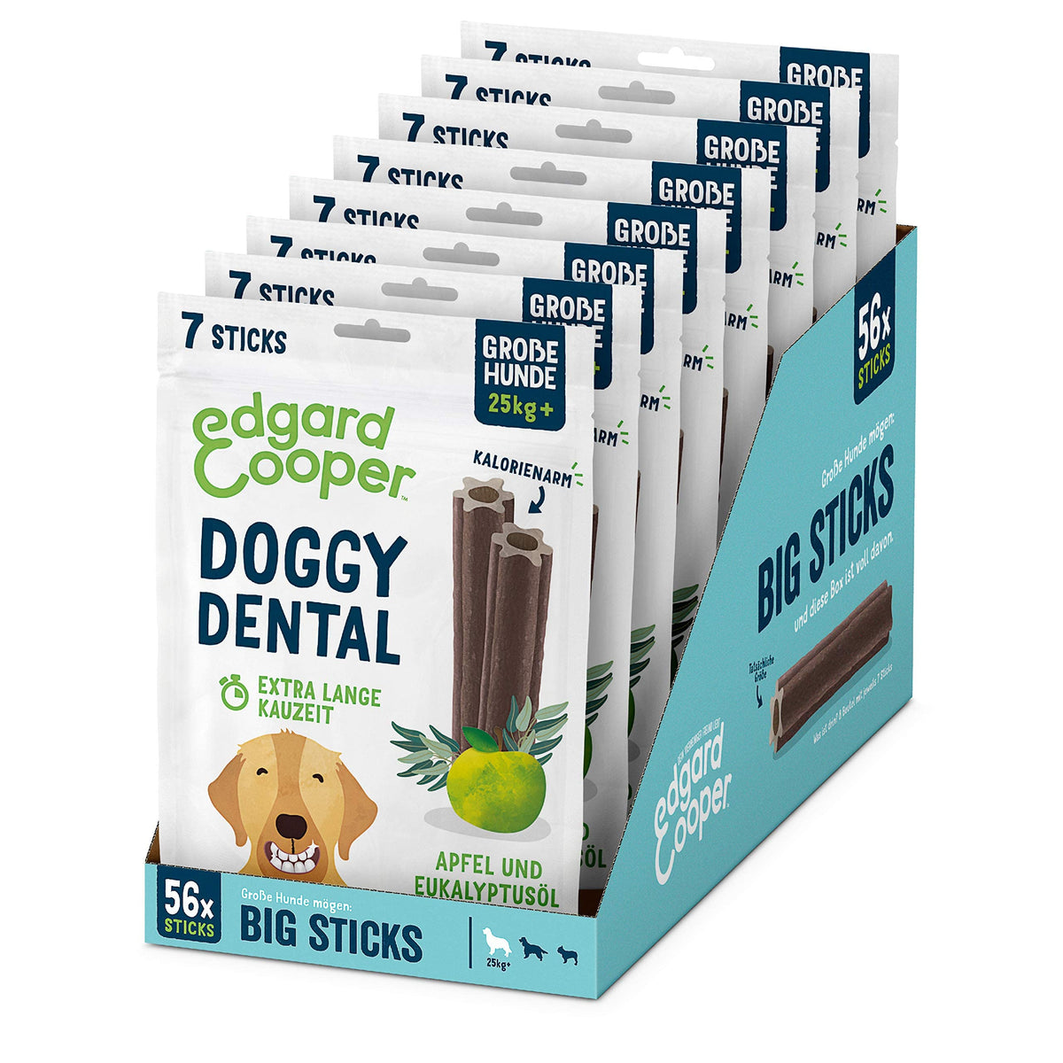 Edgard & Cooper Dental Sticks grosse Hunde Eukalyptus & Apfel 56 Stück, röhrenförmige Kausticks