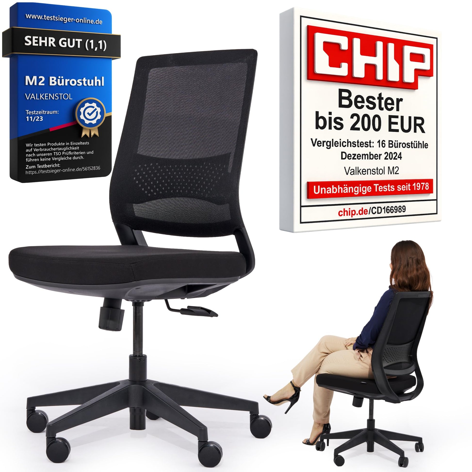 VALKENSTOL M2 Ergonomischer Bürostuhl – ohne Armlehne, Kopfstütze. Sitz, Rückenlehne, Rollenfußkreuz für gesundes Arbeiten.