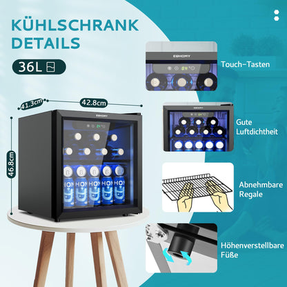 EUHOMY Getränkekühlschrank JC-36-F mit Glastür, 36 L, schwarz