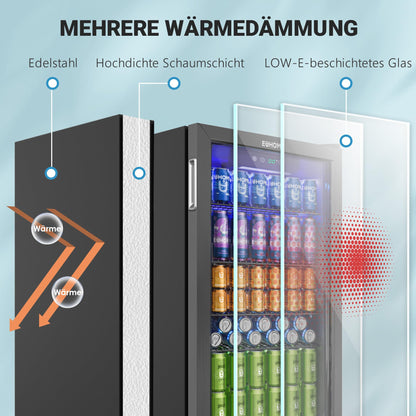 EUHOMY Getränkekühlschrank 90 L mit Glastür, schwarzer Edelstahl