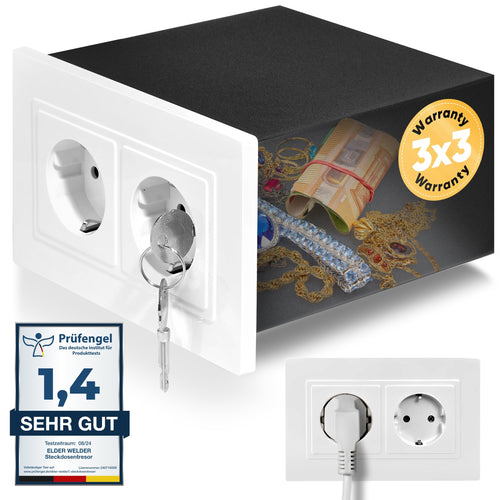 Elder Welder Steckdosen Safe Tresor - Mit Fake-Stecker Funktion. Weißer, rechteckiger Safe; versteckt Werte hinter Fake-Stecker.