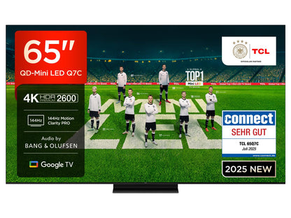 TCL 65Q7C QLED Mini LED Fernseher 65 Zoll - Smart TV Google TV. Rechteckiger, schwarzer 65-Zoll-Bildschirm für Entertainment.