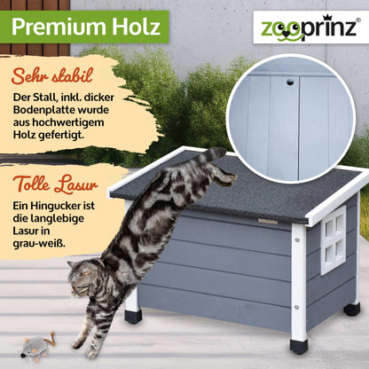 zooprinz Katzenhaus aus Holz wetterfest mit Klappdach Grau-Weiss