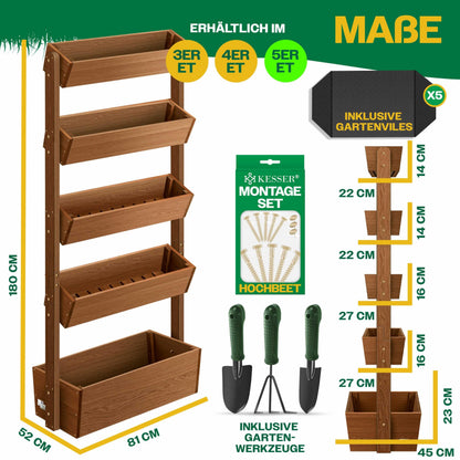 KESSER Hochbeet mit 5 Etagen aus Tannenholz, Braun, inkl. Gartenvlies, gestufte Bauform für Balkon und Garten