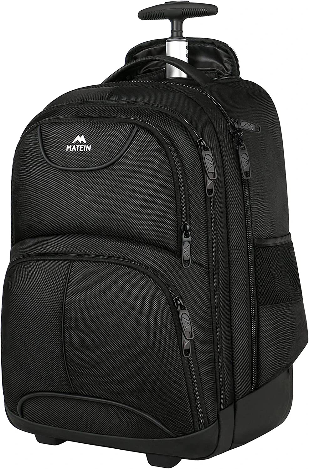 MATEIN Rollen-Rucksack 18 Zoll Laptopfach – Schwarz. Schwarzer Rollen-Rucksack zum Transport von Laptop und Reisegepäck.