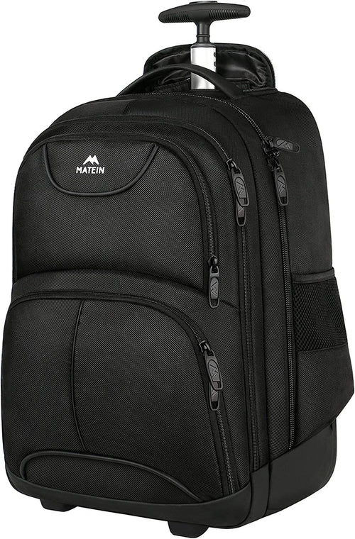 MATEIN Rollen-Rucksack 18 Zoll Laptopfach – Schwarz. Schwarzer Rollen-Rucksack zum Transport von Laptop und Reisegepäck.