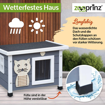 zooprinz Katzenhaus aus Holz wetterfest mit Klappdach Grau-Weiss