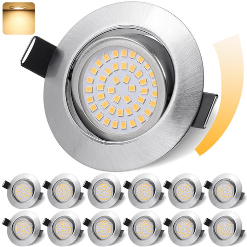 GeyouLux LED Einbaustrahler dimmbar 68mm IP44 Nickel 12er Set: Runde Spots, dimmbar für Feuchtraum-Decken.