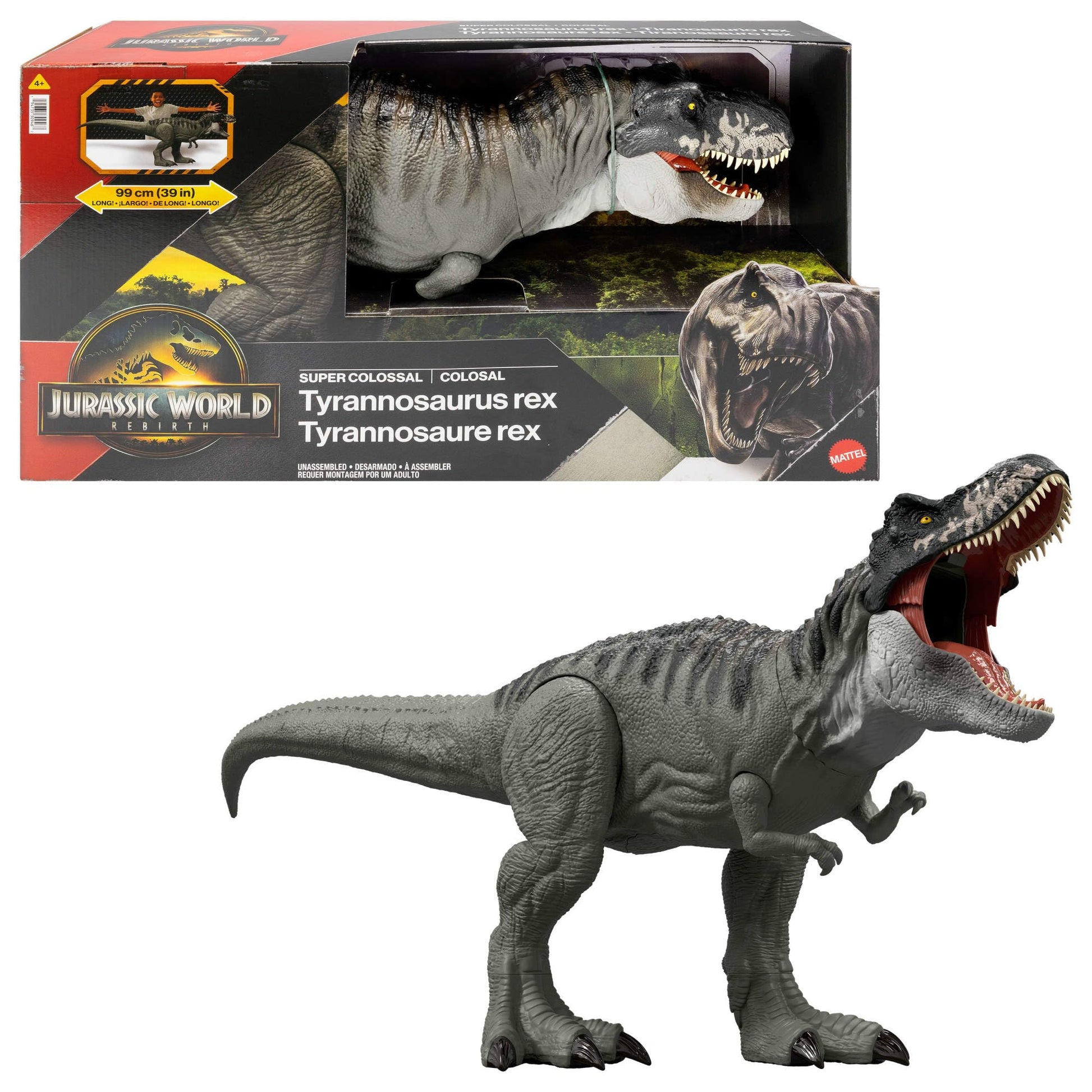 Mattel Jurassic World Riesendino T-Rex Actionfigur JGB52, eine bipedale, grünbraune Kunststoff-Spielfigur. Ermöglicht das Nachstellen von Jurassic World Szenen.