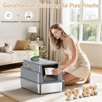 PalNests Edelstahl-Katzentoilette XXL mit Deckel, Klappe und Schaufel