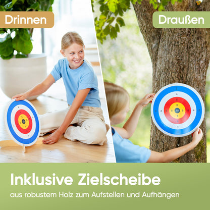 BOWRILLA Pfeil und Bogen Set für Kinder, Holz, mit 6 Saugnapf-Pfeilen
