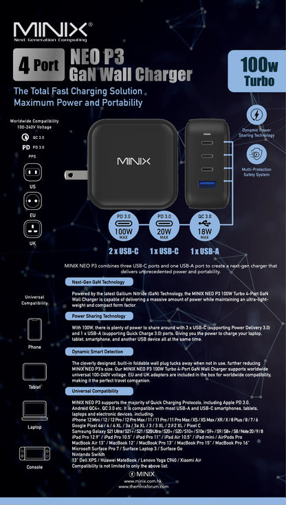 MINIX NEO P3 USB C GaN Wandladegerät - 100W 4-Ports